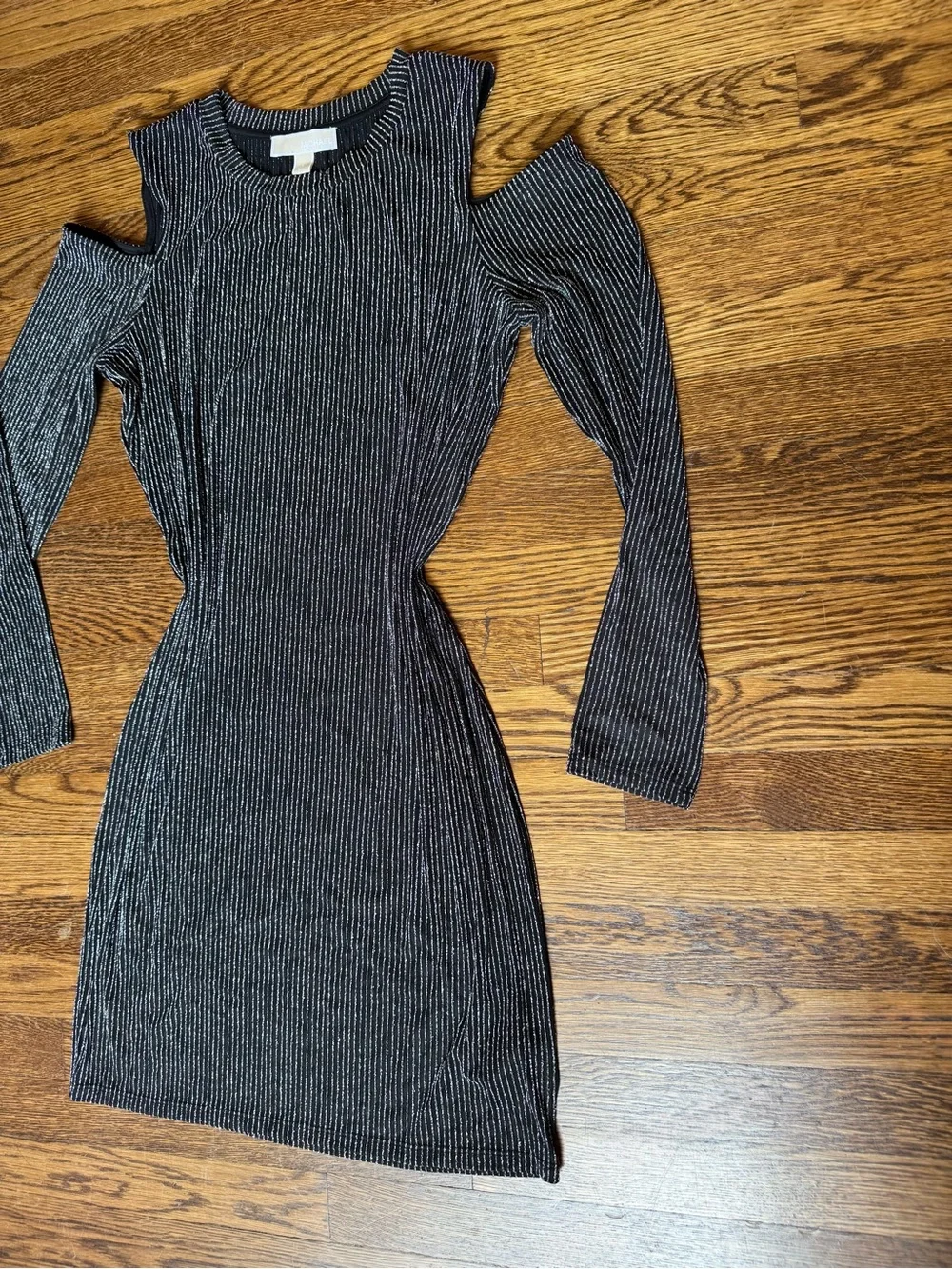 Michael Kors Black and Silver Metallic Striped Cold-Shoulder Ribbed Dress